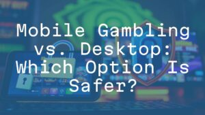 A split-screen image of a smartphone and a desktop computer displaying online casino games, security locks and shields overlaying the screens, cyberpunk neon glow, dramatic lighting, realistic.
