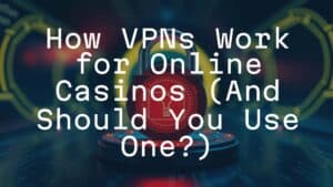 Digital padlock on a casino chip, glowing VPN tunnel in the background, cybersecurity theme, dark and futuristic.